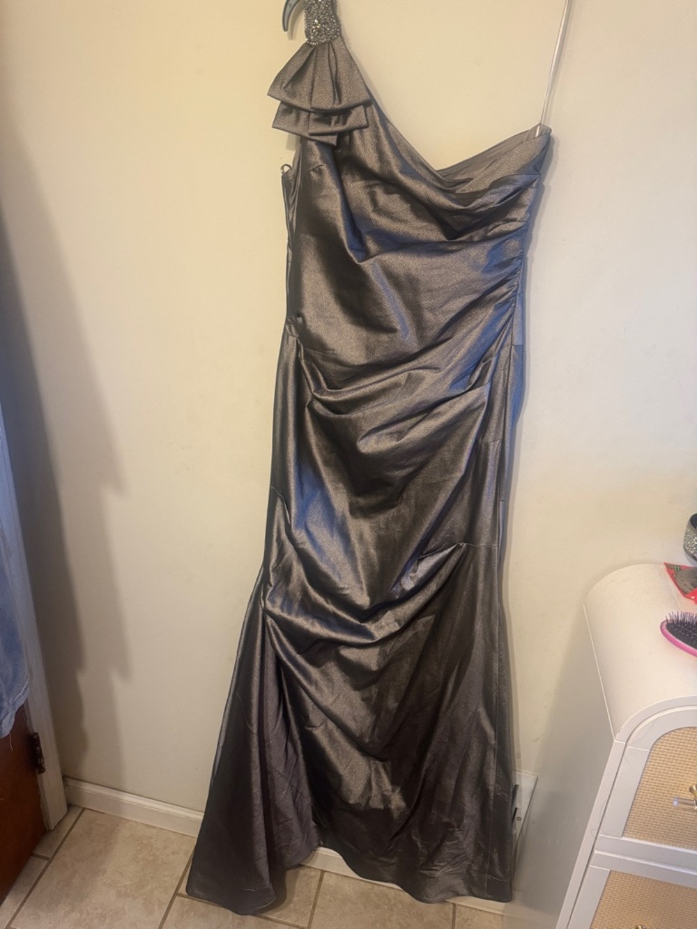 Rickie Freeman for Teri Jon Metallic Pewter One-Shoulder Gown
